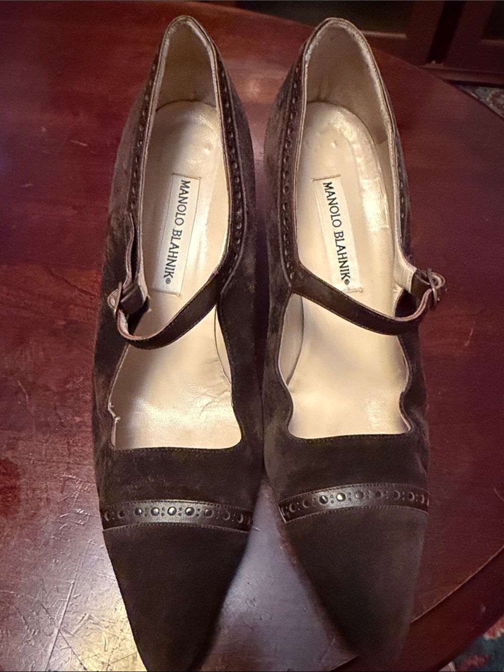 Manolo Blahnik Brown Suede Mary Jane Pointed-Toe Pumps with Brogue Detail- 40 EU